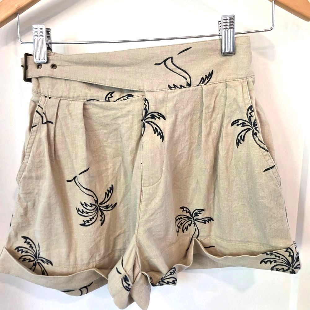 Urban Outfitters Linen Cuffed Short Shorts Khaki Tan Palm Tree Print Skate Boho